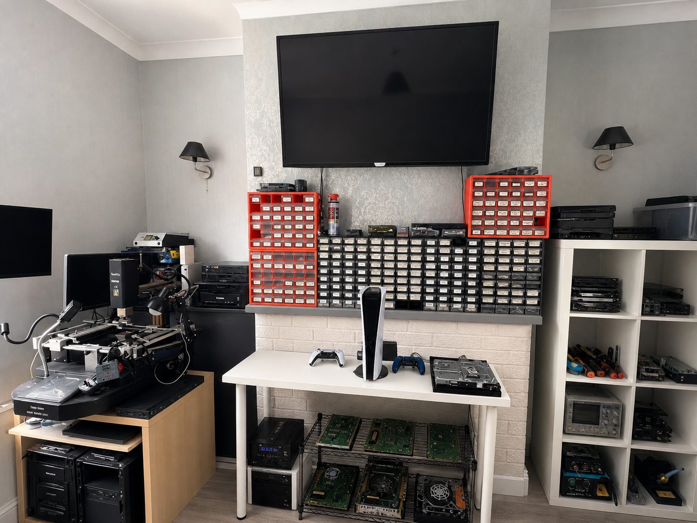 Repair bench with a PlayStation 5 and component drawers